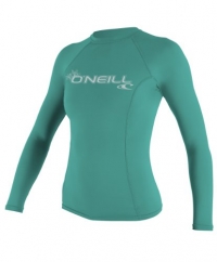 O'Neill Wetsuits Women's Basic Skins Long Sleeve Crew Rash Guard Shirt, Light Aqua, Small