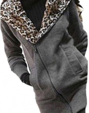 Women Winter Leopard Hoodie Zip Coat Long Sweatshirt Fleece Jacket