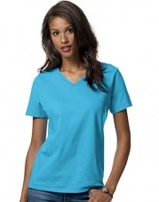 Hanes Ladies ComfortSoft V-Neck T-Shirt. 5780 (Aquatic Blue) (Small)