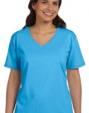 Hanes Ladies ComfortSoft V-Neck T-Shirt. 5780 (Aquatic Blue) (Small)