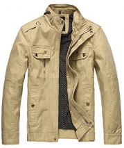 Wantdo Men's Cotton Stand Collar Lightweight Front Zip Jacket US Large Khaki