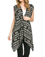 Women's Solid Color Sleeveless Asymetric Hem Open Front Cardigan -Made in USA (Small, Black/White Bohemian)